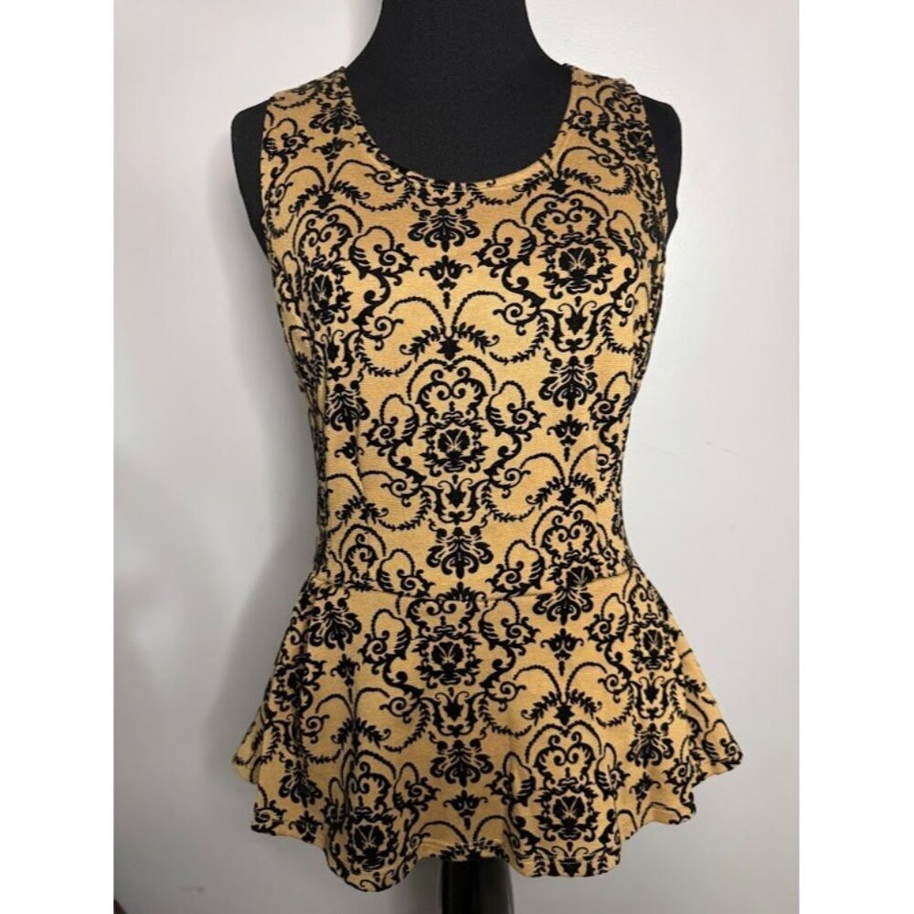 Y2K  Elegant Black & Gold Damask Peplum Women's M Top Velvet Whimsigoth Antique